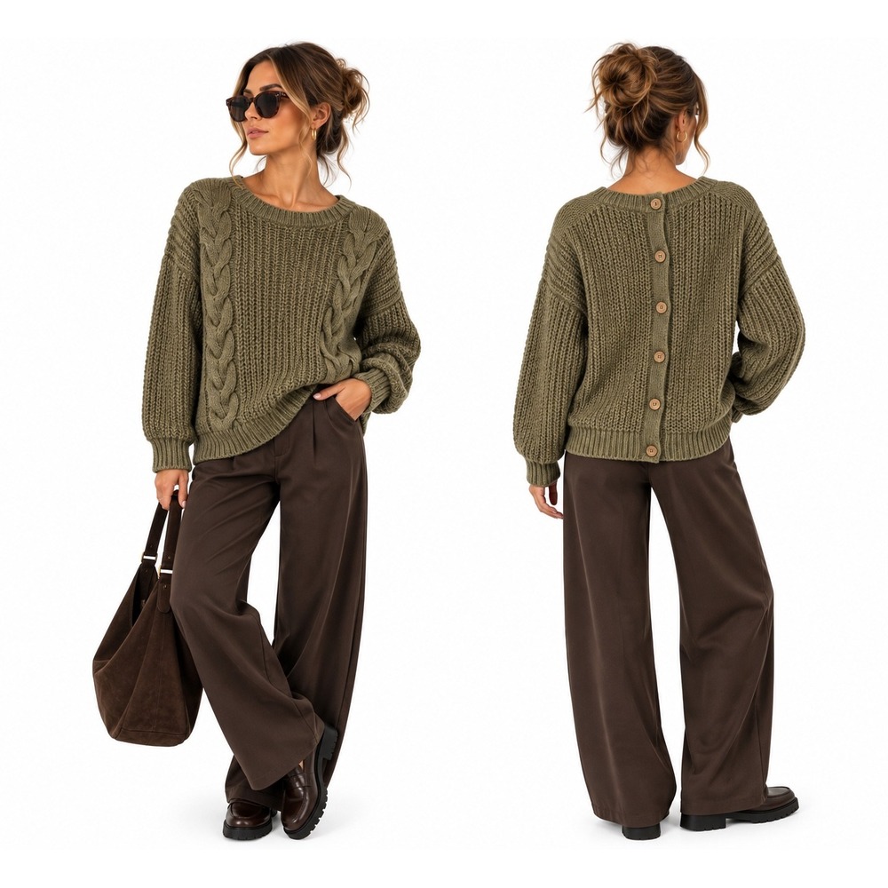Cynthia Rowley Cotton Cable Knit Sweater Women Large Olive Green Button Back